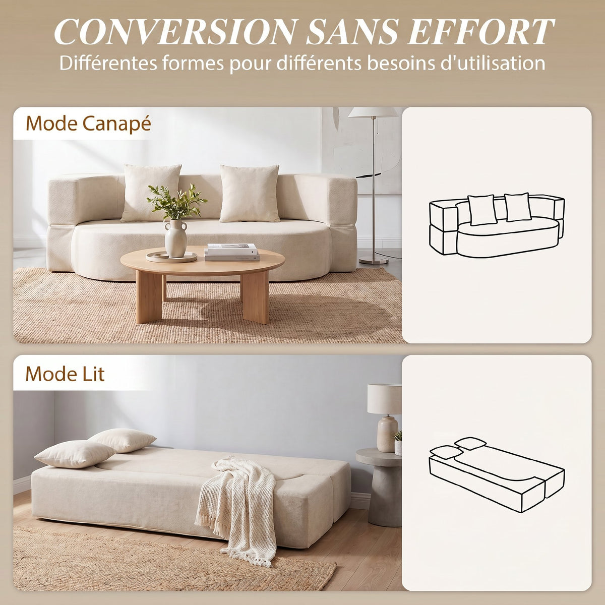 Canapé Convertible 2 Places, Canapé-Lit en Chenille 190cm, Dossier Rabattable, Assise et Accoudoirs Larges, Beige-3