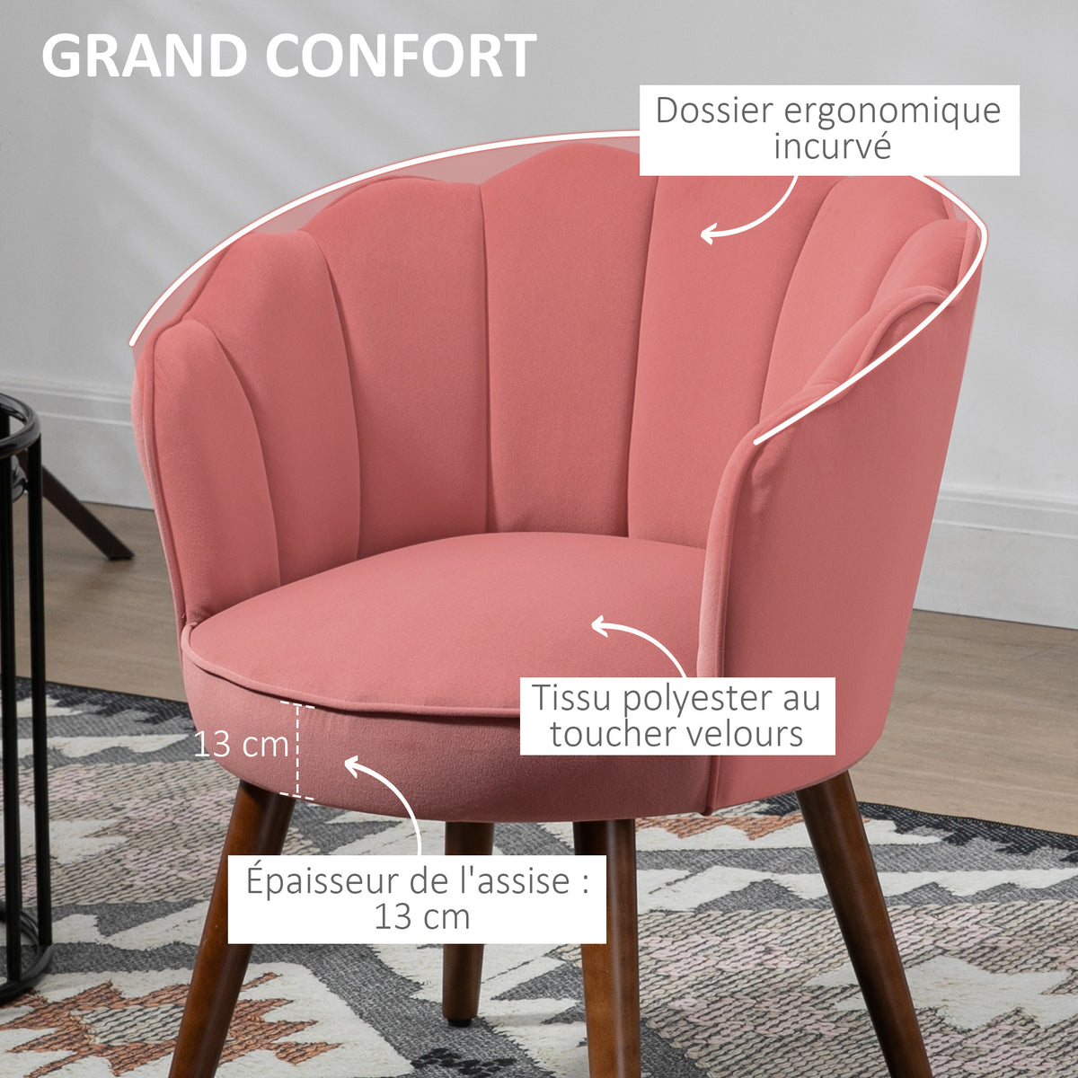 Fauteuil Coquillage Fauteuil de Salon Chambre avec Dossier et Coussin Aspect Velours Pieds en Bois hévéa 66L x-4