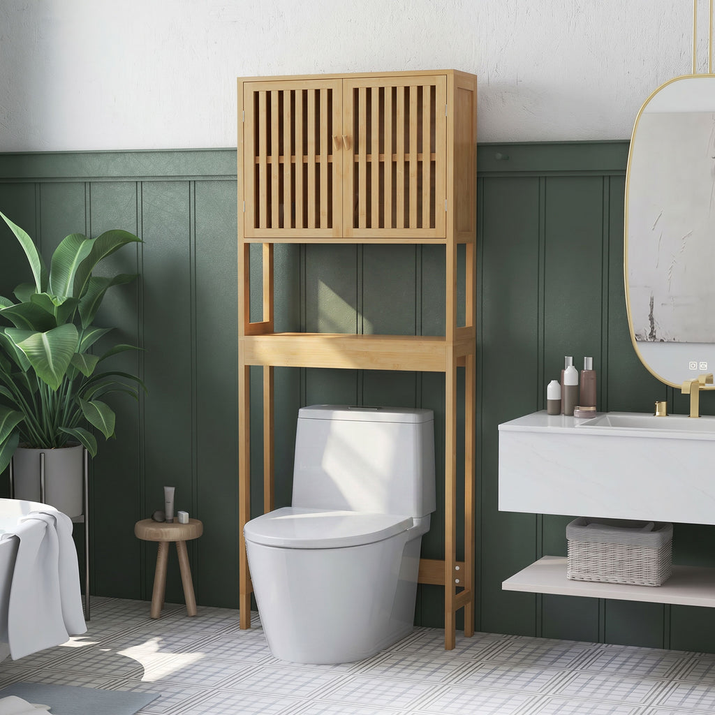 Étagère de toilettes meuble de salle de bain dessus toilette WC avec placard 2 portes et étagère ouverte bambou-1