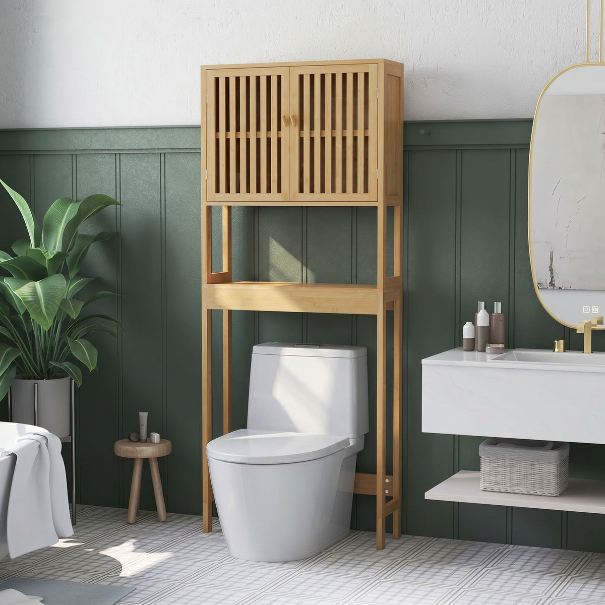 Étagère de toilettes meuble de salle de bain dessus toilette WC avec placard 2 portes et étagère ouverte bambou-1