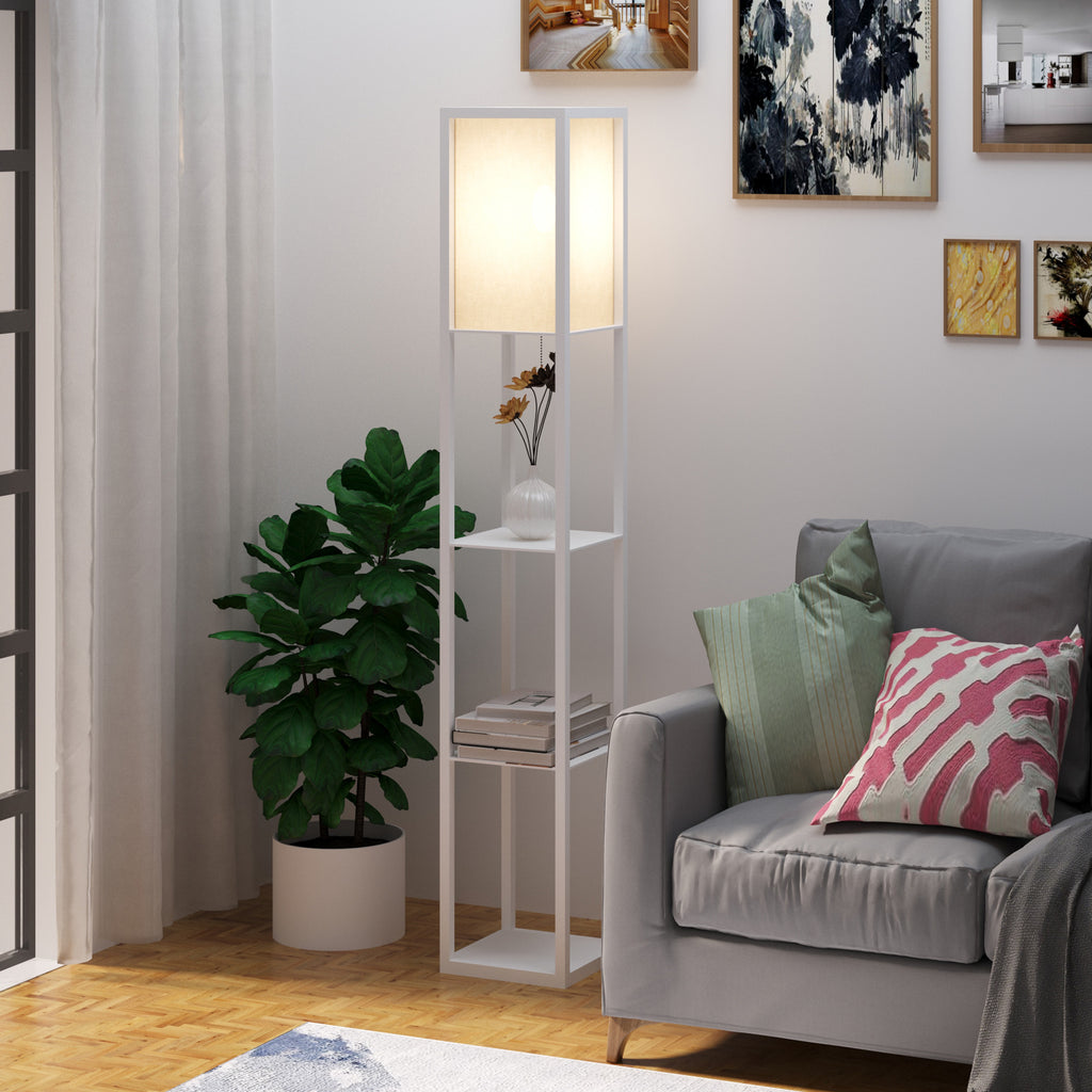 Lampadaire étagère 26L x 26l x 160H cm 3 étagères 4 Niveaux MDF Blanc-1