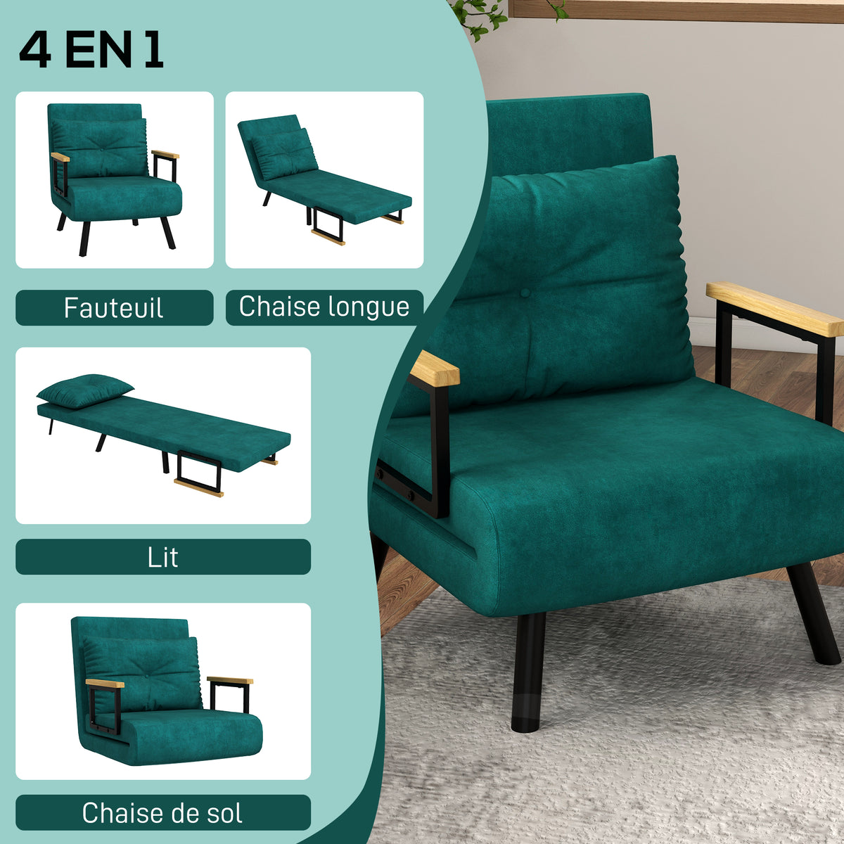 Fauteuil convertible 1 place fauteuil-lit chauffeuse 3 en 1 dossier réglable oreiller tissu velours 63x73x81cm vert-3