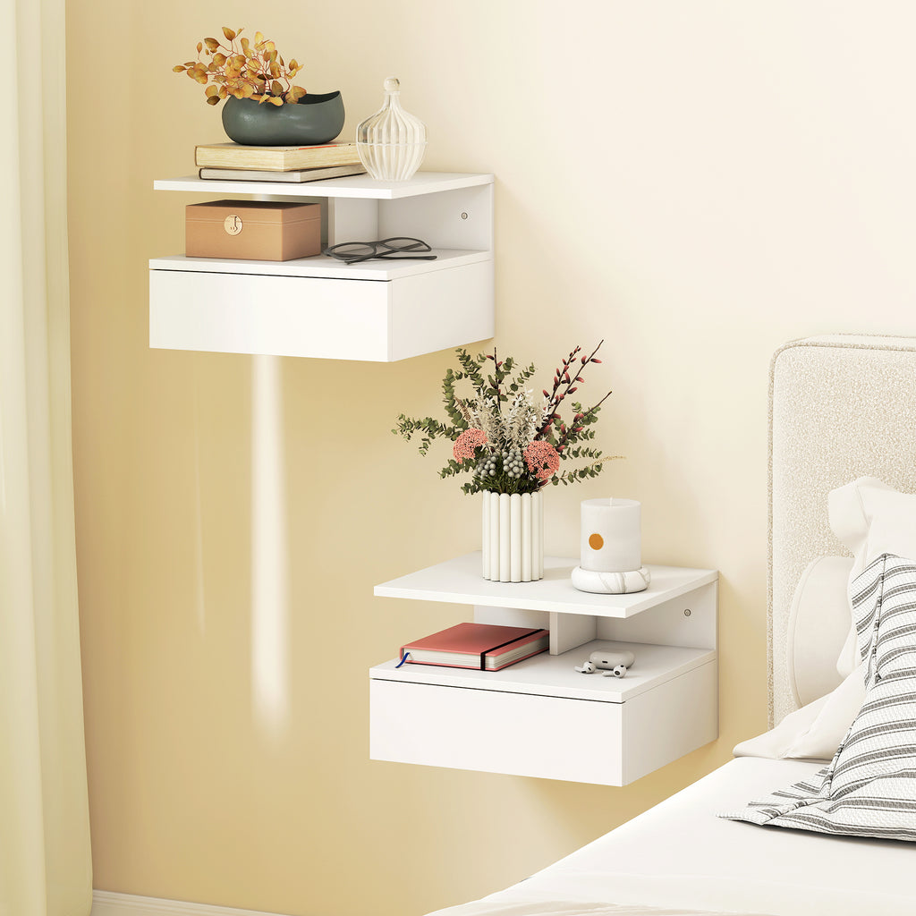Lot de 2 tables de chevet murales, tables de nuit suspendues avec tiroir, étagère ouverte, 35x32x22,5cm, blanc-9