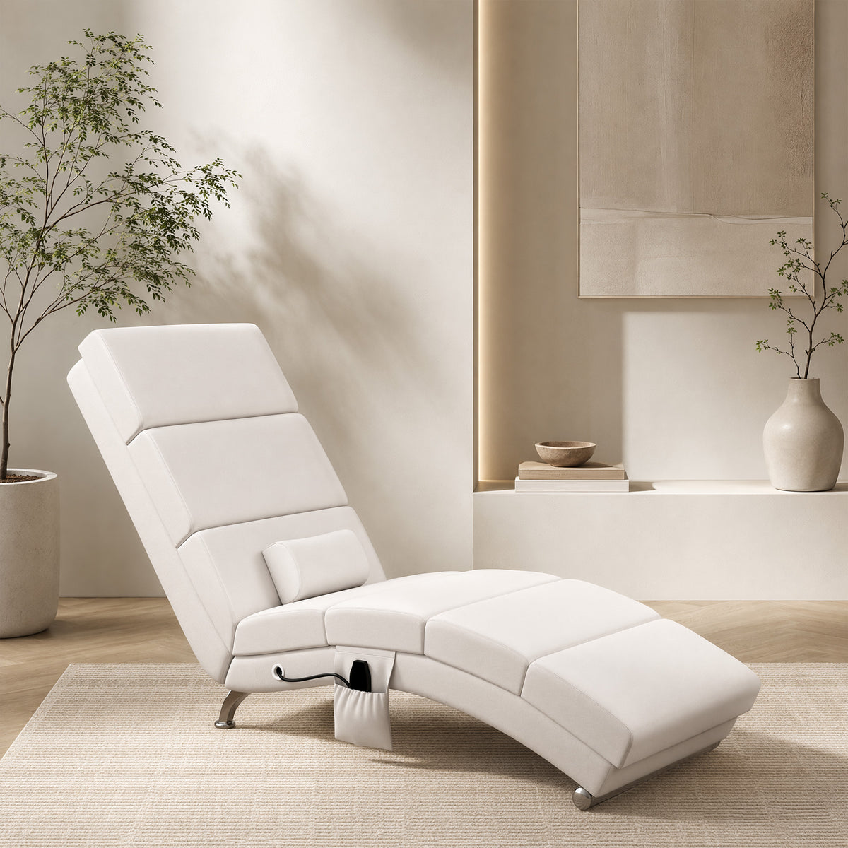 Fauteuil relax salon fauteuil de massage et chauffage meridienne avec télécommande et oreiller, tissu effet lin, crème-7