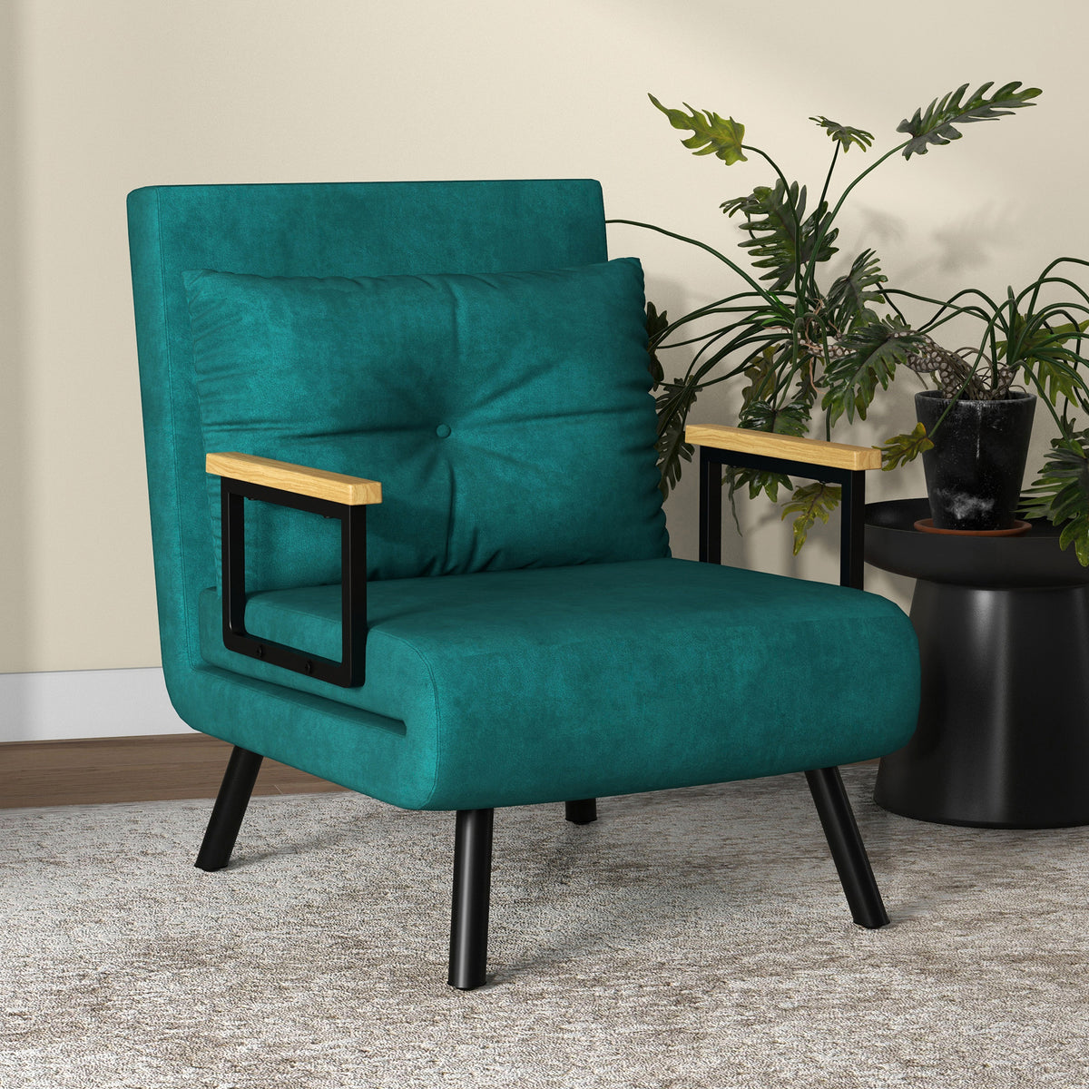 Fauteuil convertible 1 place fauteuil-lit chauffeuse 3 en 1 dossier réglable oreiller tissu velours 63x73x81cm vert-6