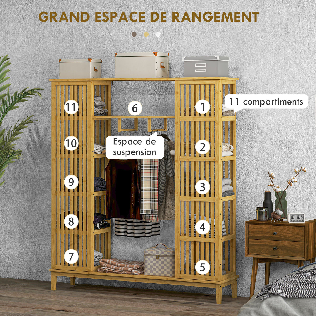 Armoire en bambou avec 2 portes coulissantes, étagères et tringle, grande armoire pour la chambre, 145 x 35 x 165cm-5