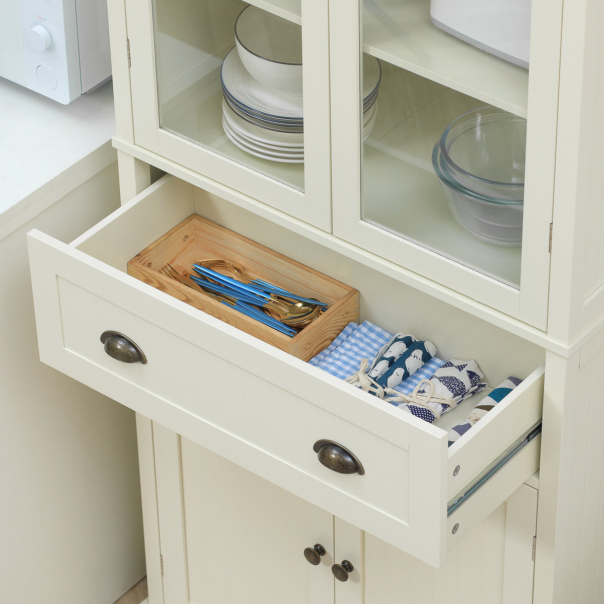 Buffet meuble cuisine rangement armoire de cuisine 4 portes dont 2 portes vitrées et 1 tiroir hauteur 182,5 cm avec étagères réglables - beige-8