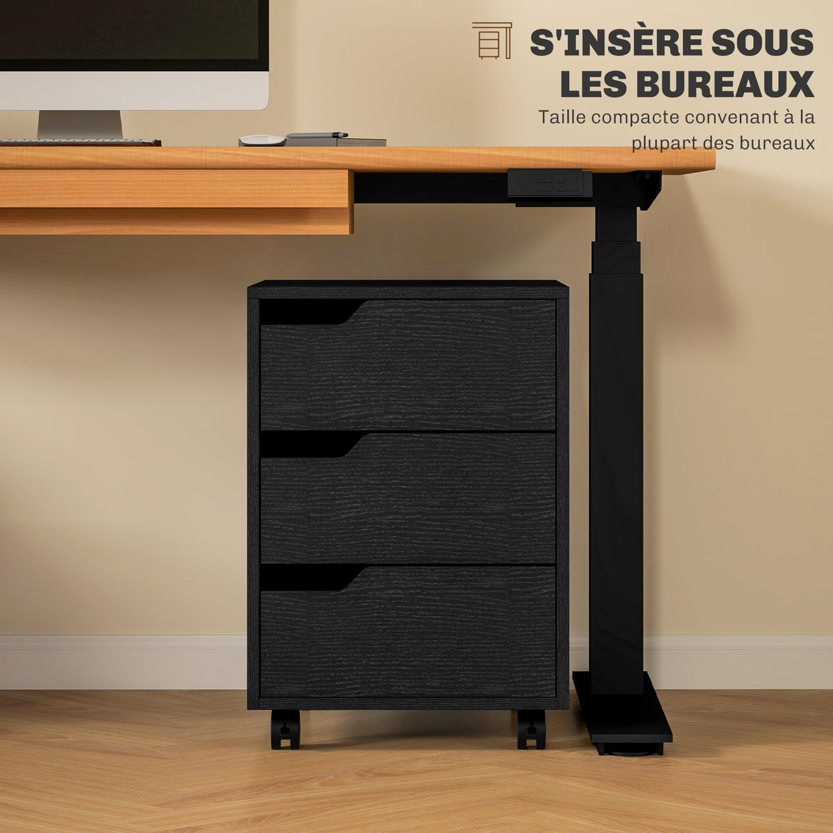 Caisson bureau mobile, meuble rangement bureau sur roulettes, 3 tiroirs, 40x50x57,5cm, noir-4