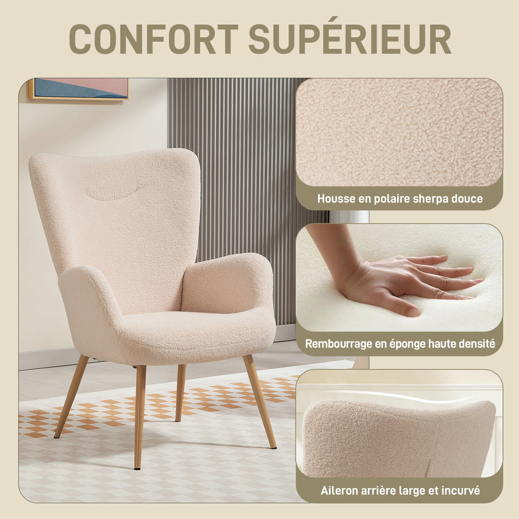 Fauteuil salon, fauteuil d'appoint rembourré en tissu bouclette avec haut dossier et accoudoirs, 71x74x97,5cm, beige-3