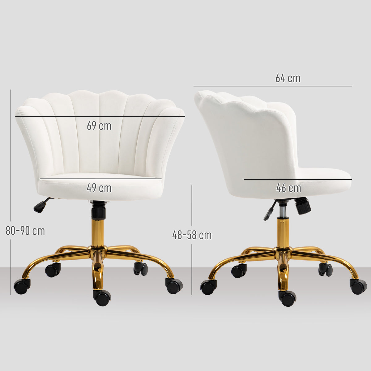Chaise bureau en velours, chaise coiffeuse avec dossier en pétale, hauteur réglable, 69 x 64 x 80-90 cm, blanc-2