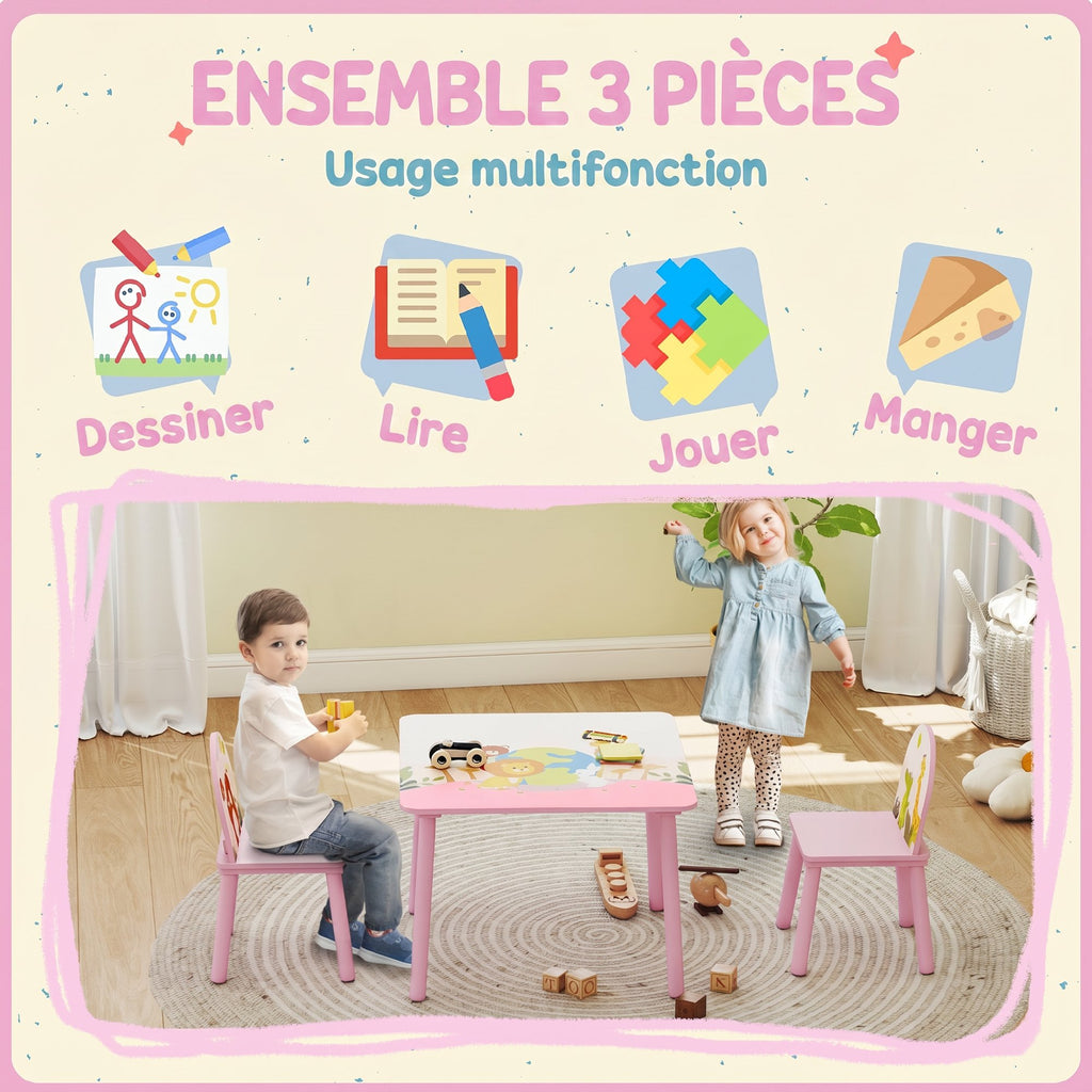 Table enfant avec chaise, ensemble table et 2 chaises en bois pour dessiner, jouer, étudier, rose-3