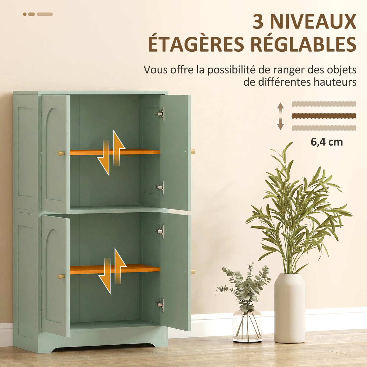 Buffet cuisine, meuble cuisine rangement avec 4 portes cintrées et 2 étagères réglables, 60 x 30 x 110 cm, vert-5