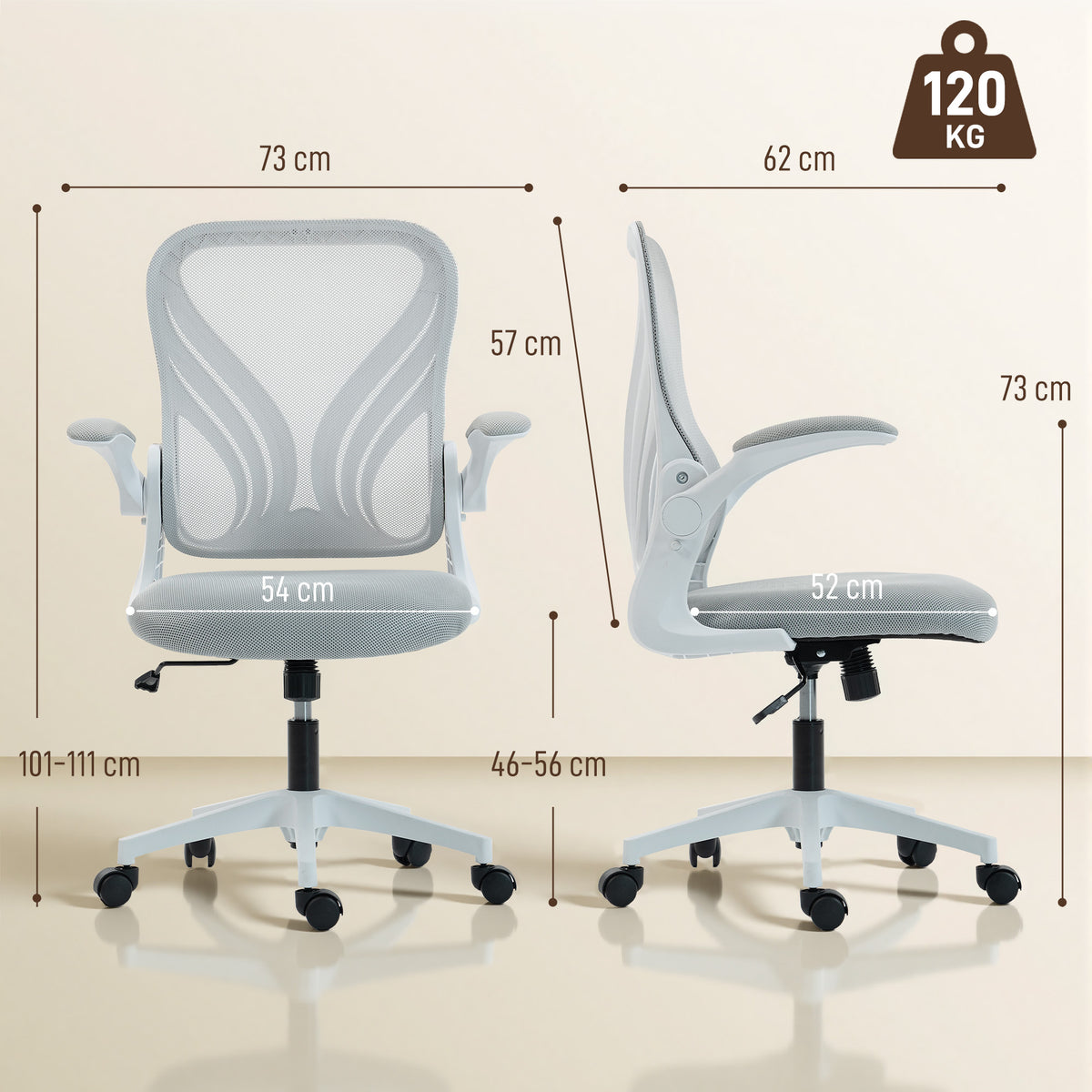 Chaise bureau ergonomique, fauteuil de bureau maille, dossier rabattable, accoudoirs relevables, 73x62x101-111cm, gris-2