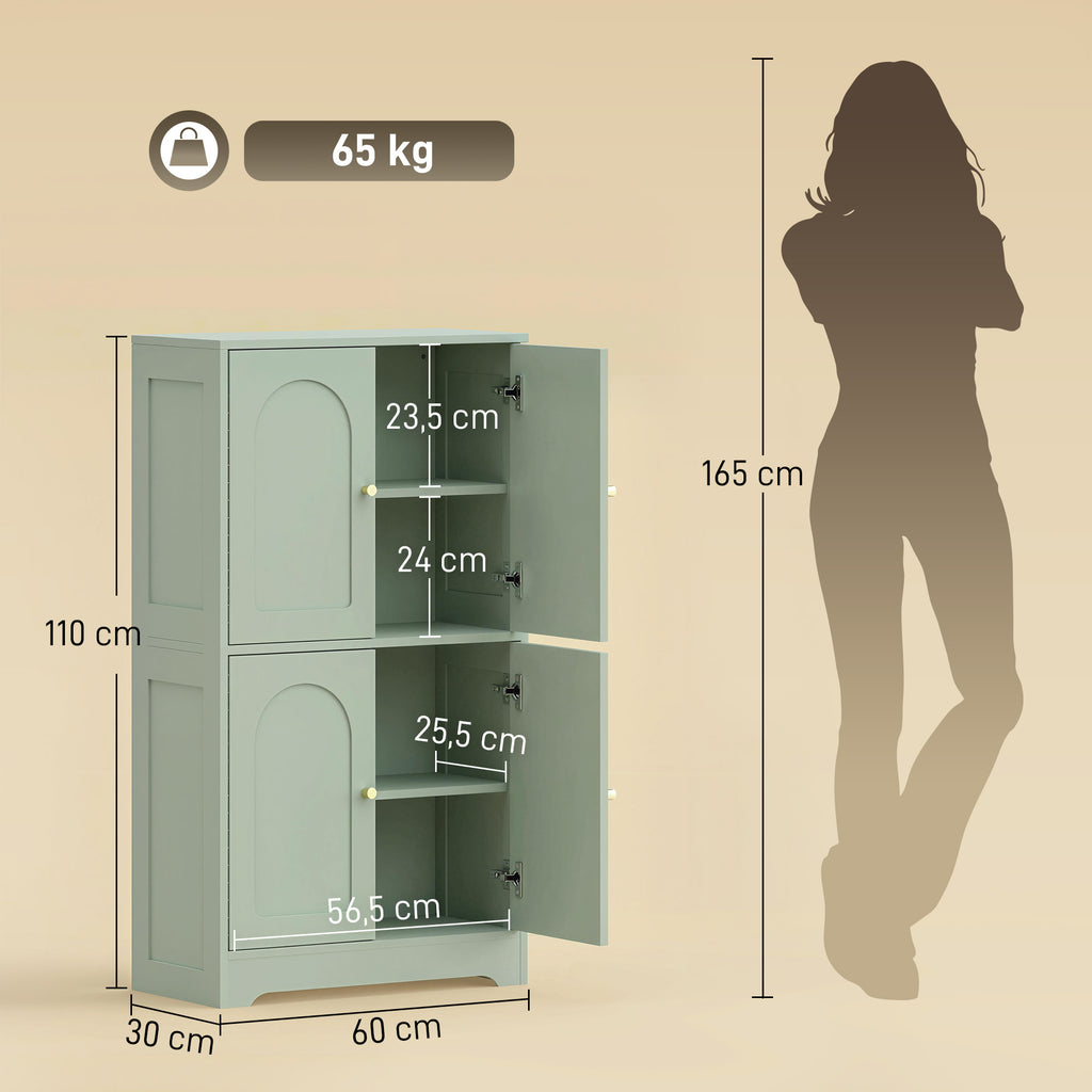 Buffet cuisine, meuble cuisine rangement avec 4 portes cintrées et 2 étagères réglables, 60 x 30 x 110 cm, vert-2