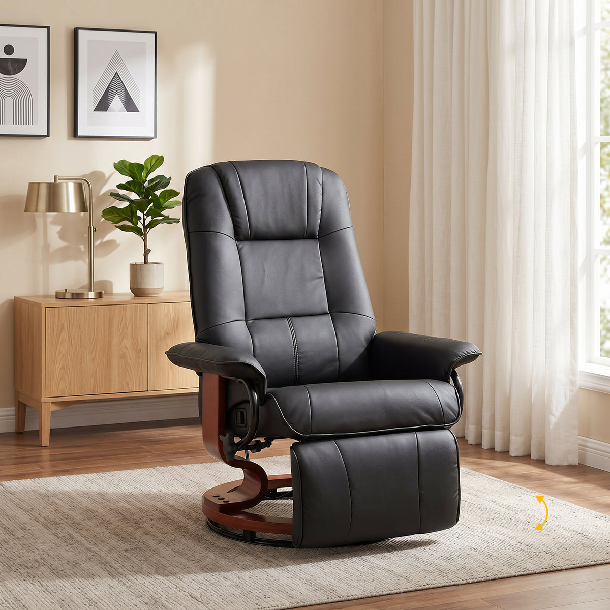 Fauteuil Relax Inclinable, Fauteuil de Salon, Repose-Pieds Réglable, Pivotant 360°, Piètement Bois, Revêtement Synthétique, Noir-1