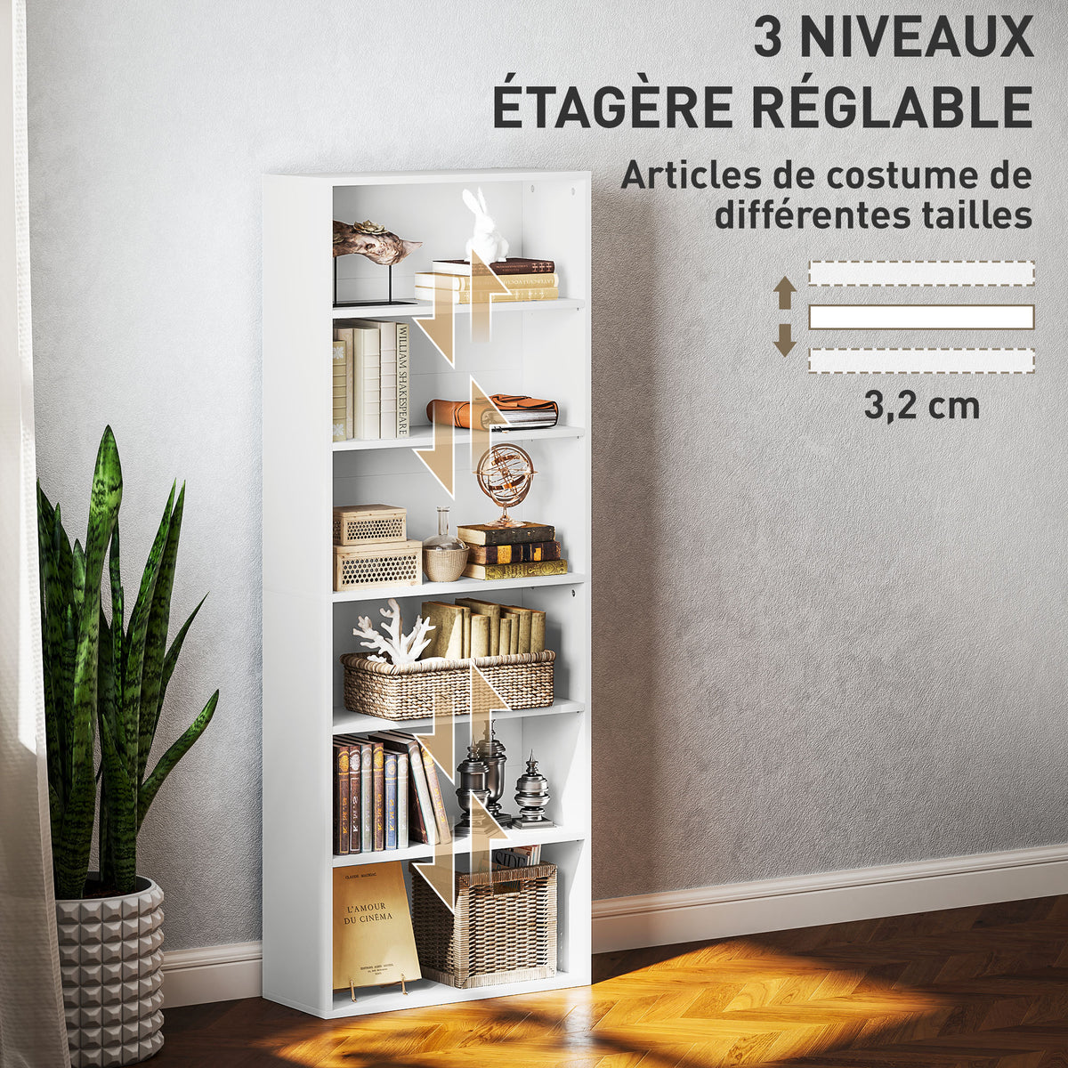 Bibliothèque étagère de rangement 6 niveaux avec étagères réglables pour salon, chambre, bureau, 60x24x158,5cm, blanc-4