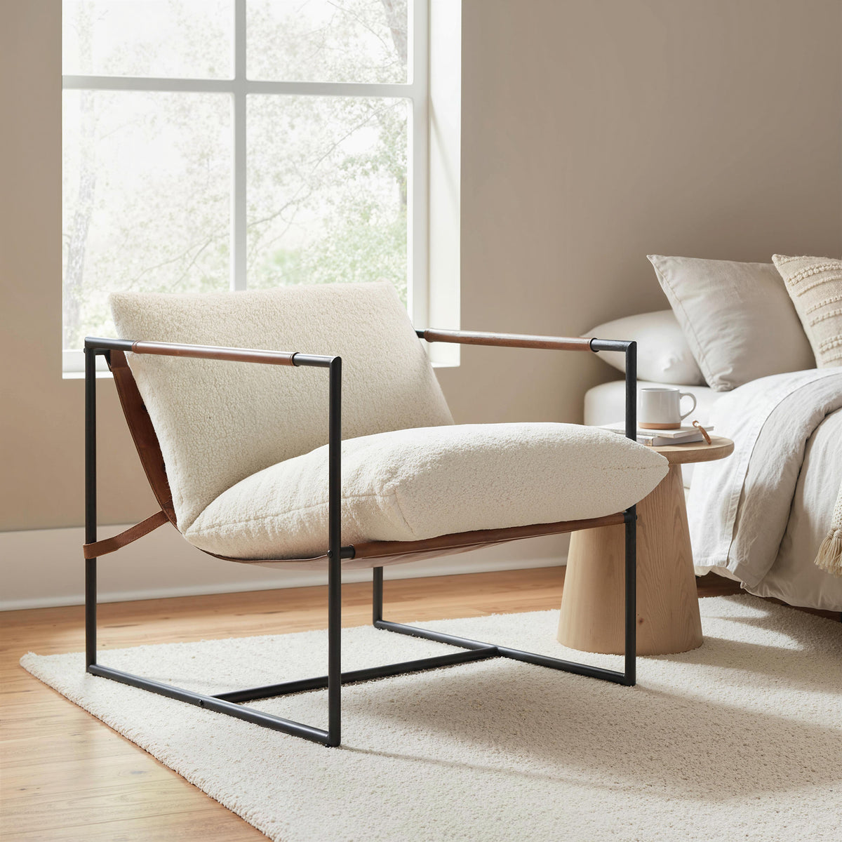 Fauteuil salon, fauteuil d'appoint rembourré en tissu bouclette, large assise et structure en acier, 77x91x80cm, crème-6