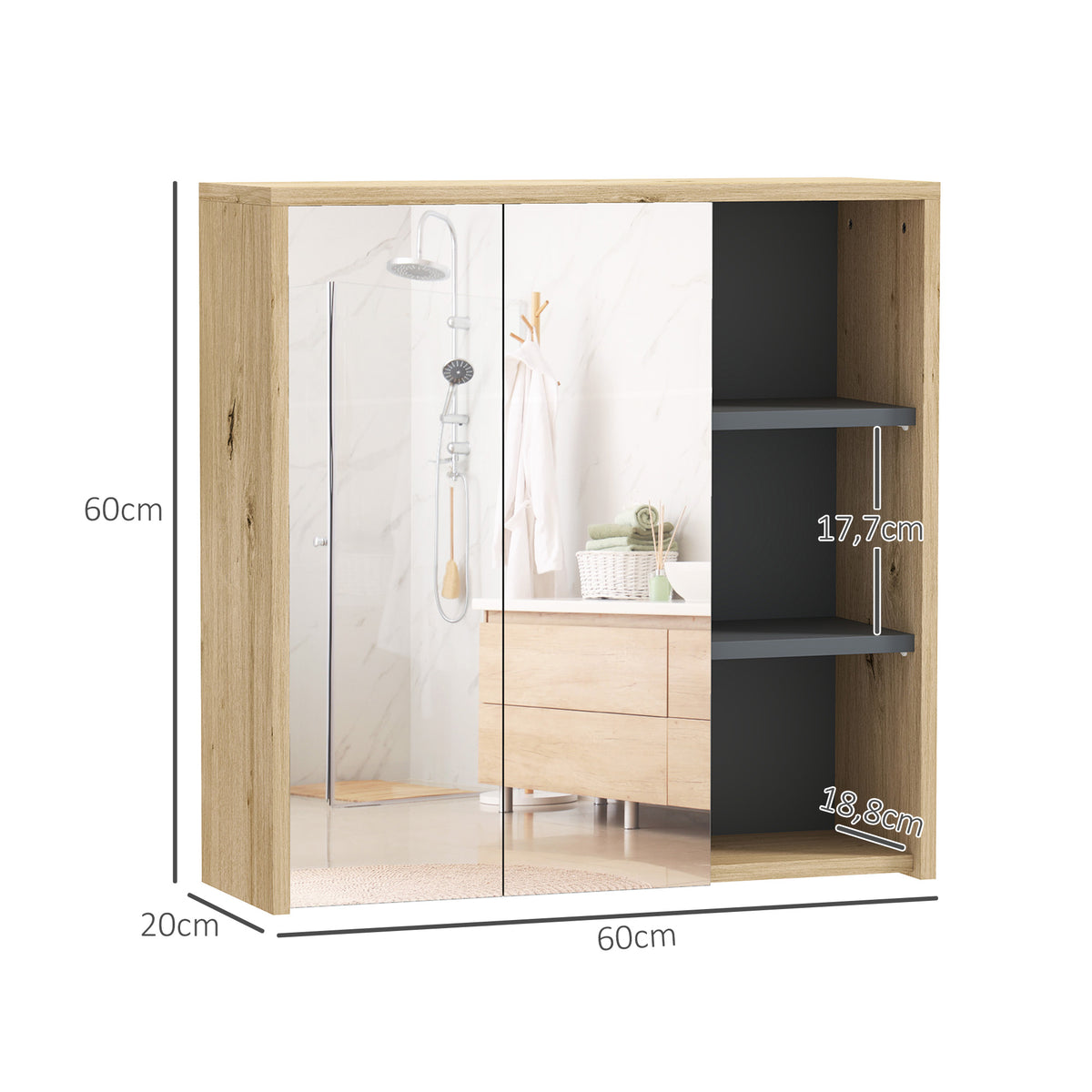 Armoire de salle de bain avec miroir armoire de toilette miroir mural 3 étagères ouverts 60 x 20 x 60 cm bois naturel-2