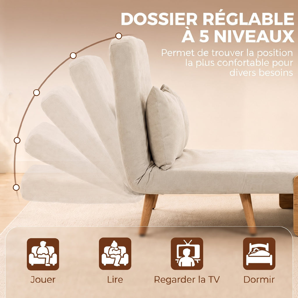 Canapé Convertible 2 Places, Canapé-Lit 3 en 1 Chenille 103cm, Dossier Réglable, 2 Oreillers, Accoudoirs en Bois, Crème-4