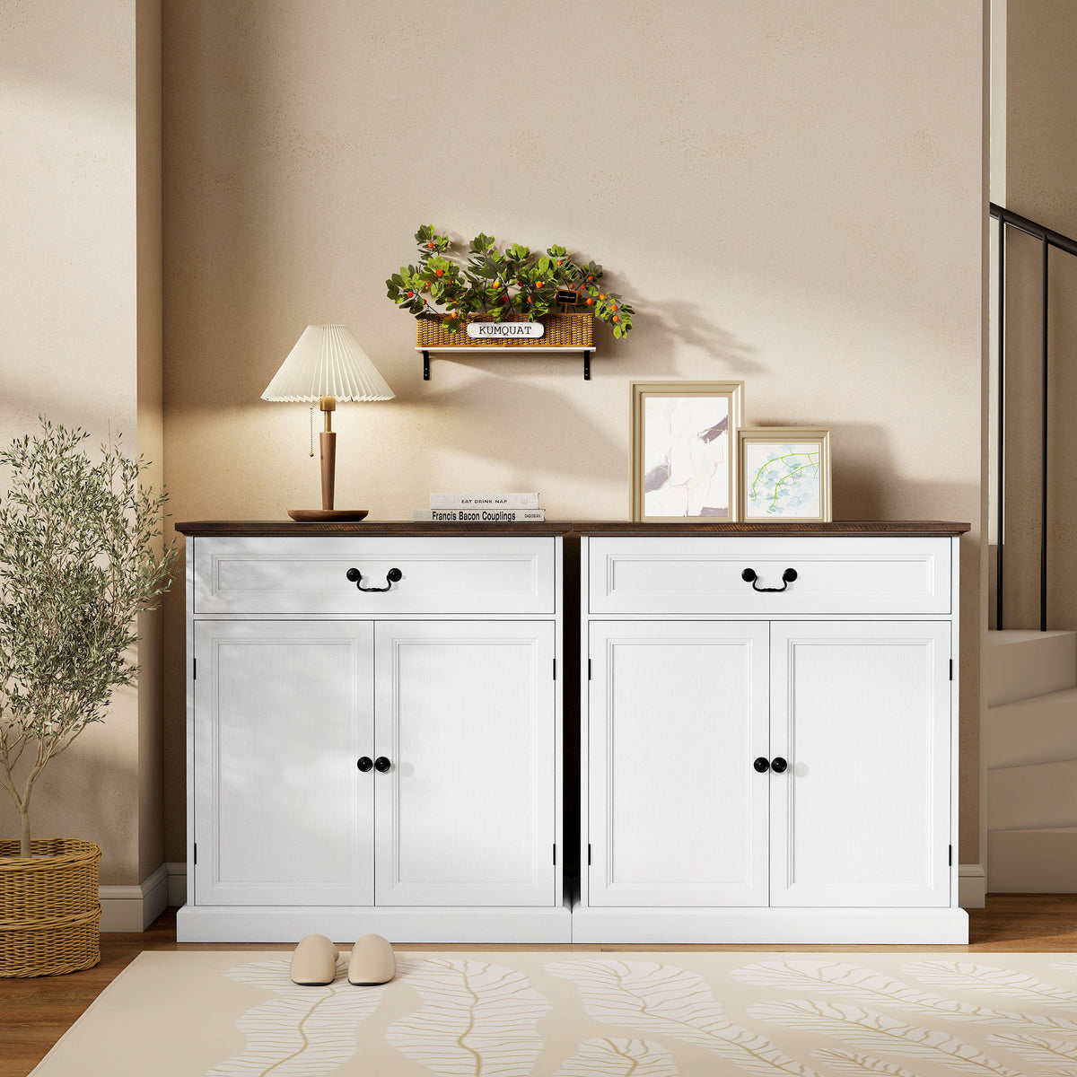 Buffet salon, meuble de rangement avec 2 portes, tiroir silencieux, étagère réglable, 80x40x85cm, blanc et marron-8