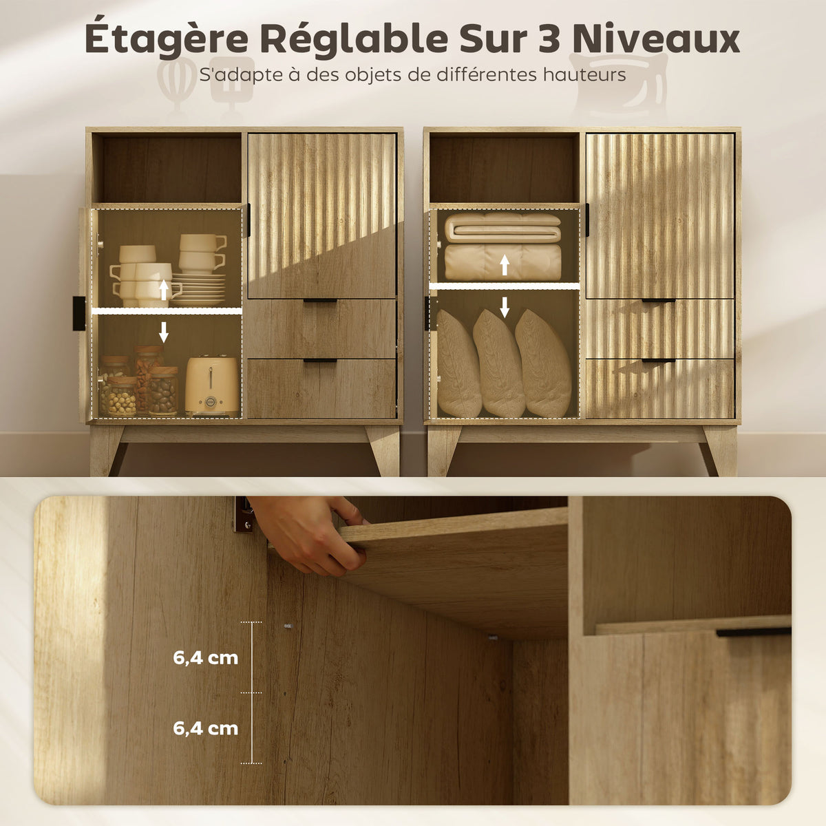 Buffet salon, meuble de rangement, 2 portes, 2 tiroirs, étagère réglable, compartiment ouvert, 80x40x90cm, bois naturel-4