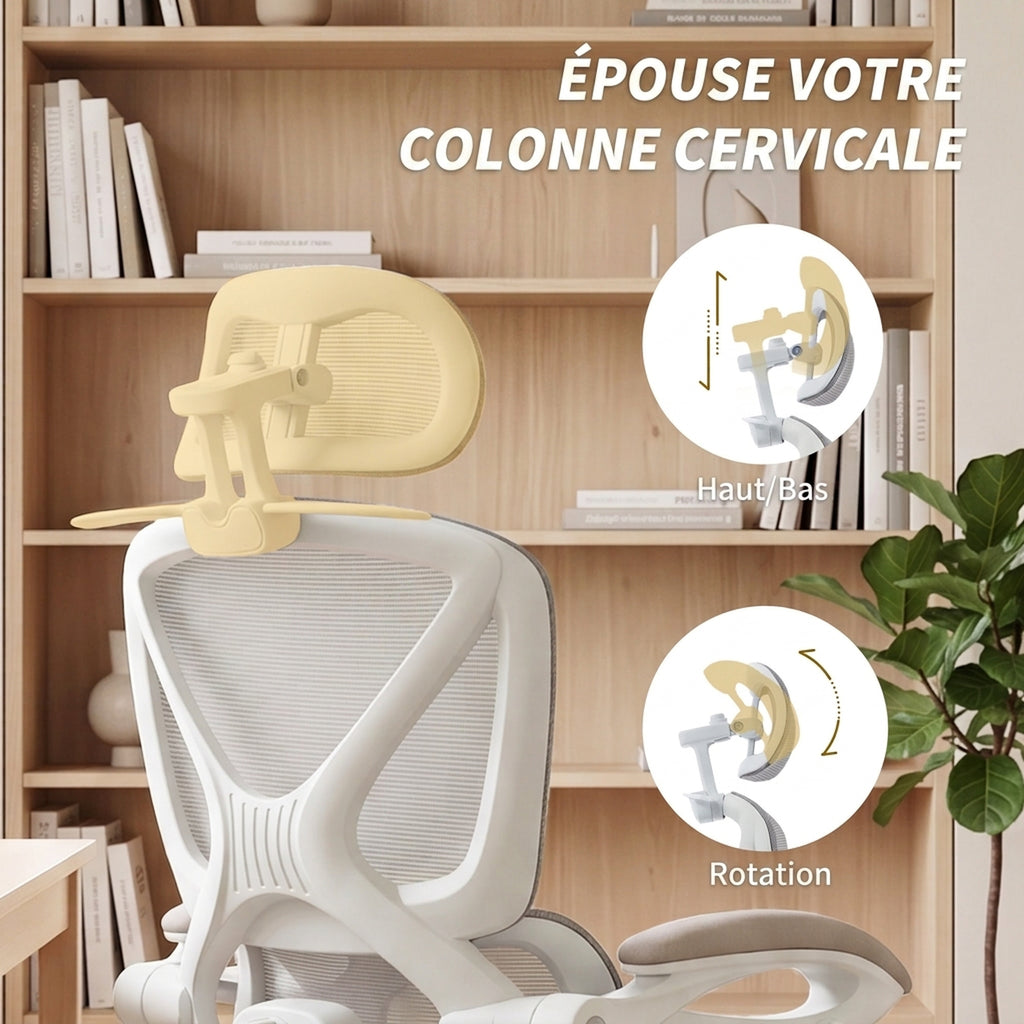 Chaise Bureau Ergonomique avec Appui-Tête Réglable, Fauteuil de Bureau Inclinable en Maille, Dossier Séparé, Gris-5