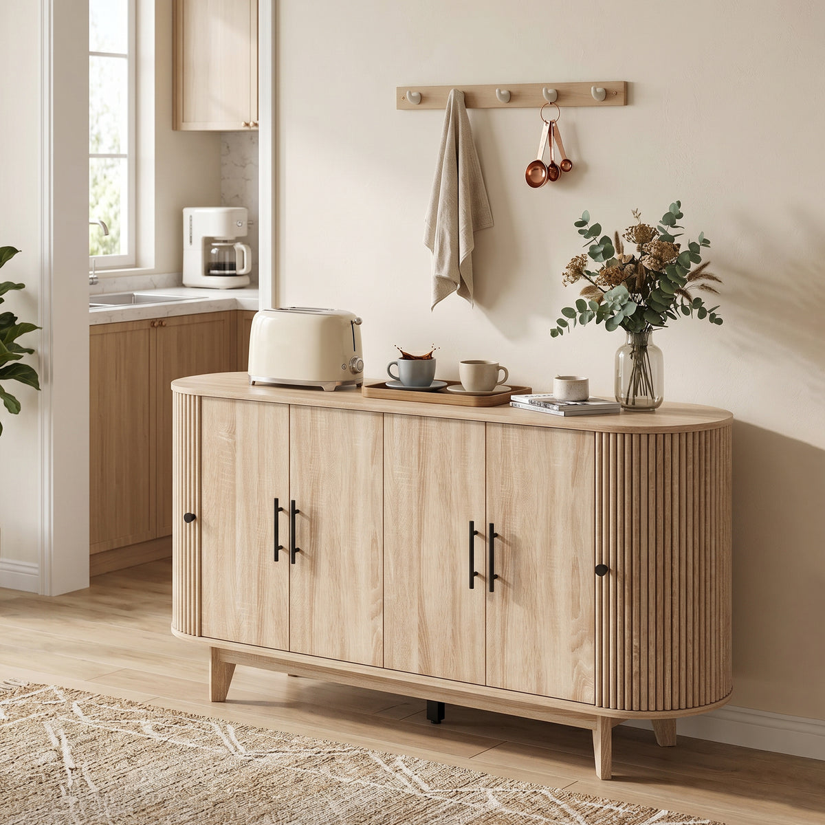 Buffet salon, meuble de rangement ovale avec 6 portes et 2 étagères réglables, 147x40x76cm, chêne-8