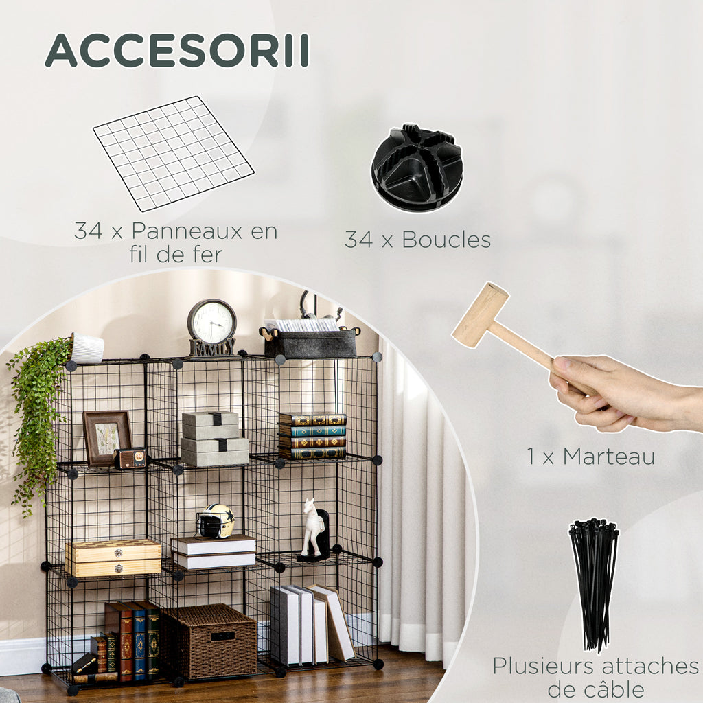 Étagère cube modulable DIY avec 9 compartiments en treillis métallique pour salon, chambre à coucher, noir-5