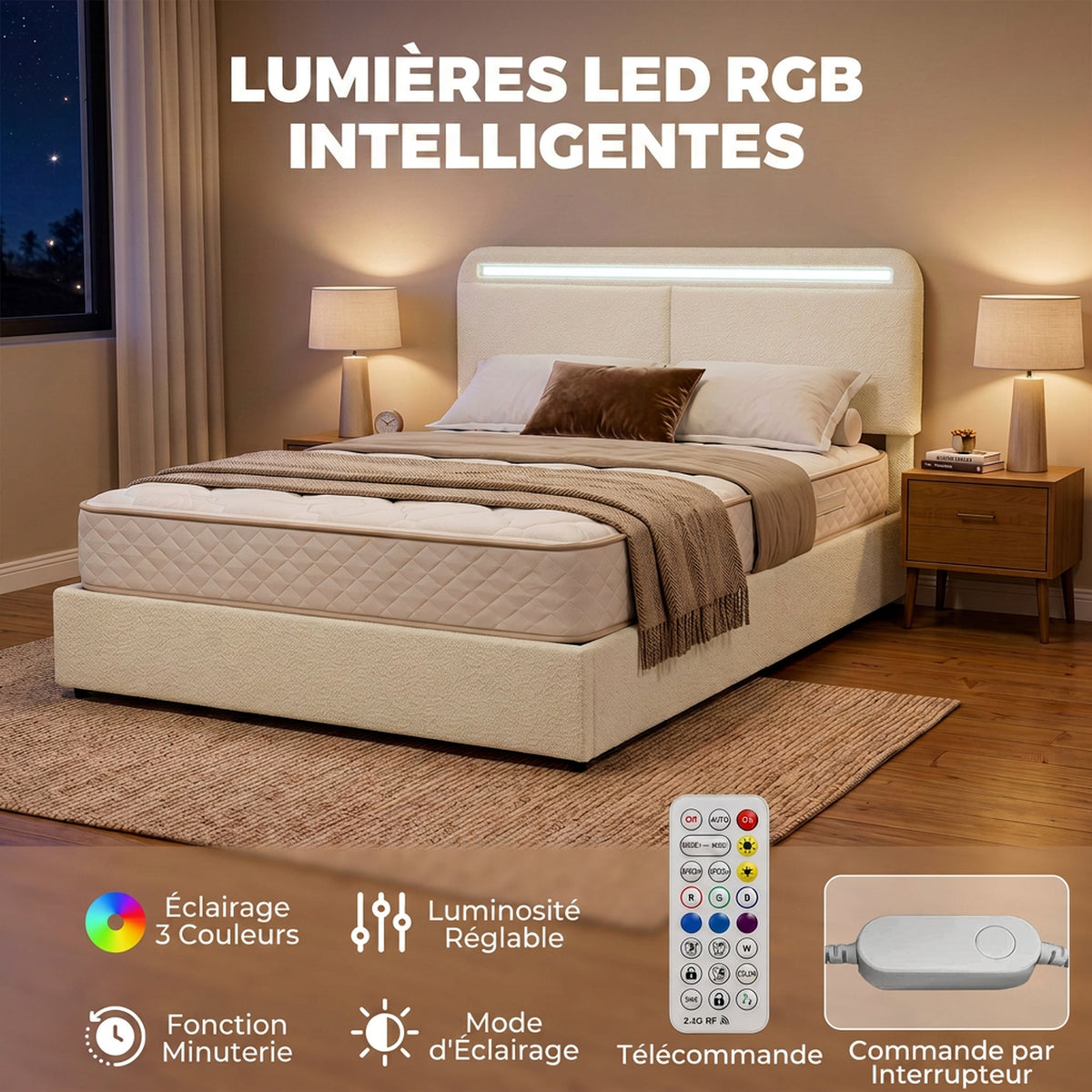 Lit Coffre 160 x 200 cm, LED RGB, Tête Réglable, Cadre de Lit Double Rembourré Velours, Rangement Hydraulique, Crème-4