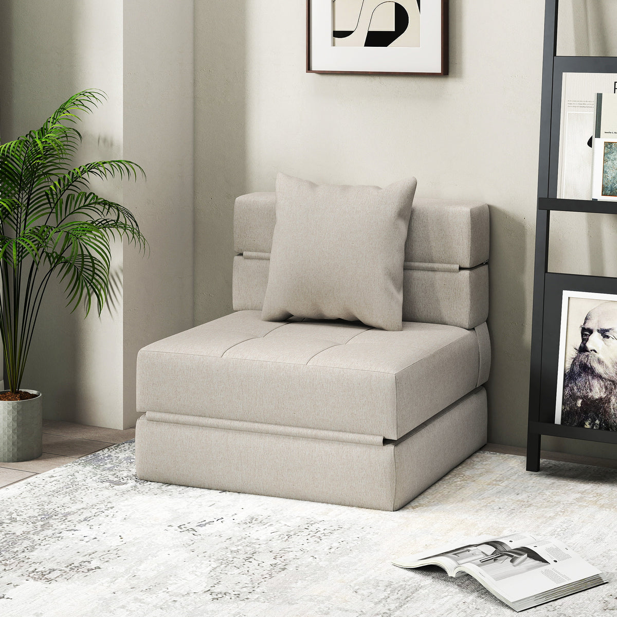 Chauffeuse canapé-lit convertible fauteuil 1 place avec 1 coussin déhoussable, tissu beige-8