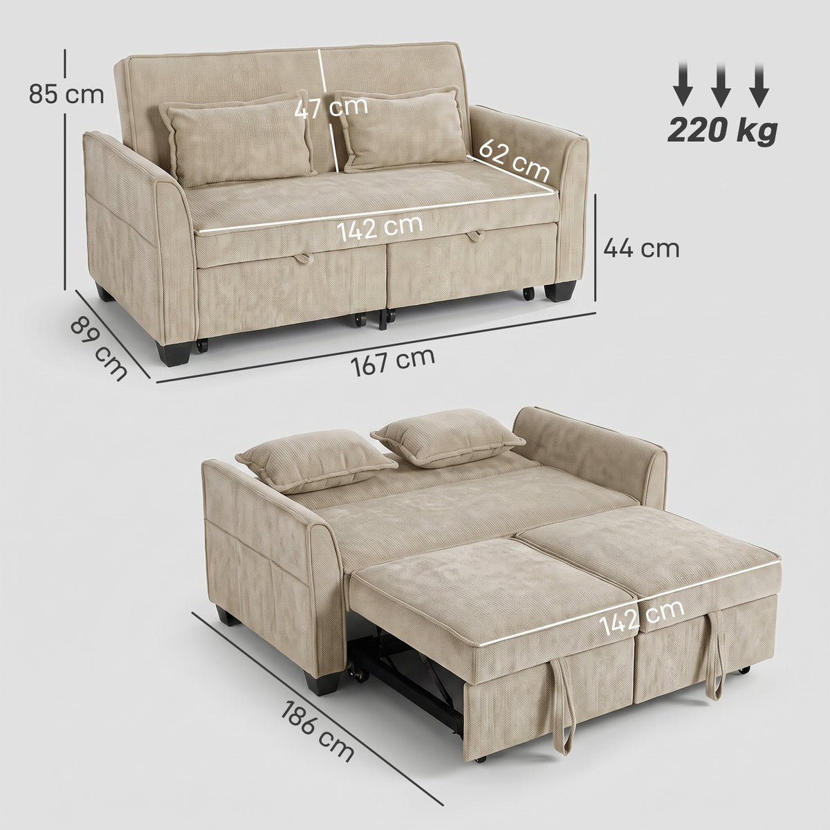 Canapé Convertible 2 Places 4 en 1, Canapé-Lit d'Angle en Chenille 167cm, Dossier Réglable, Assise Large, Marron-2