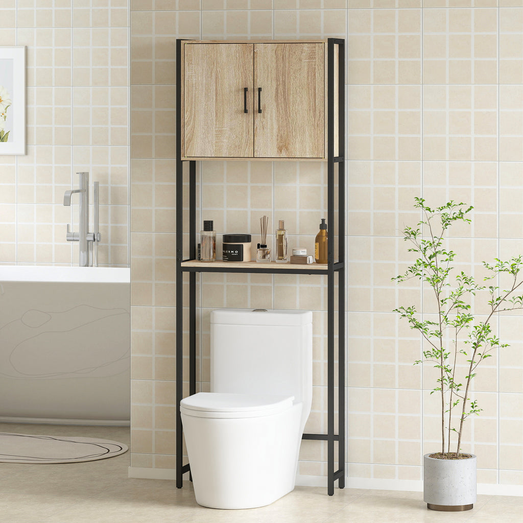 Étagère de toilettes meuble de salle de bain dessus toilette WC avec placard 2 portes et étagère ouverte-9