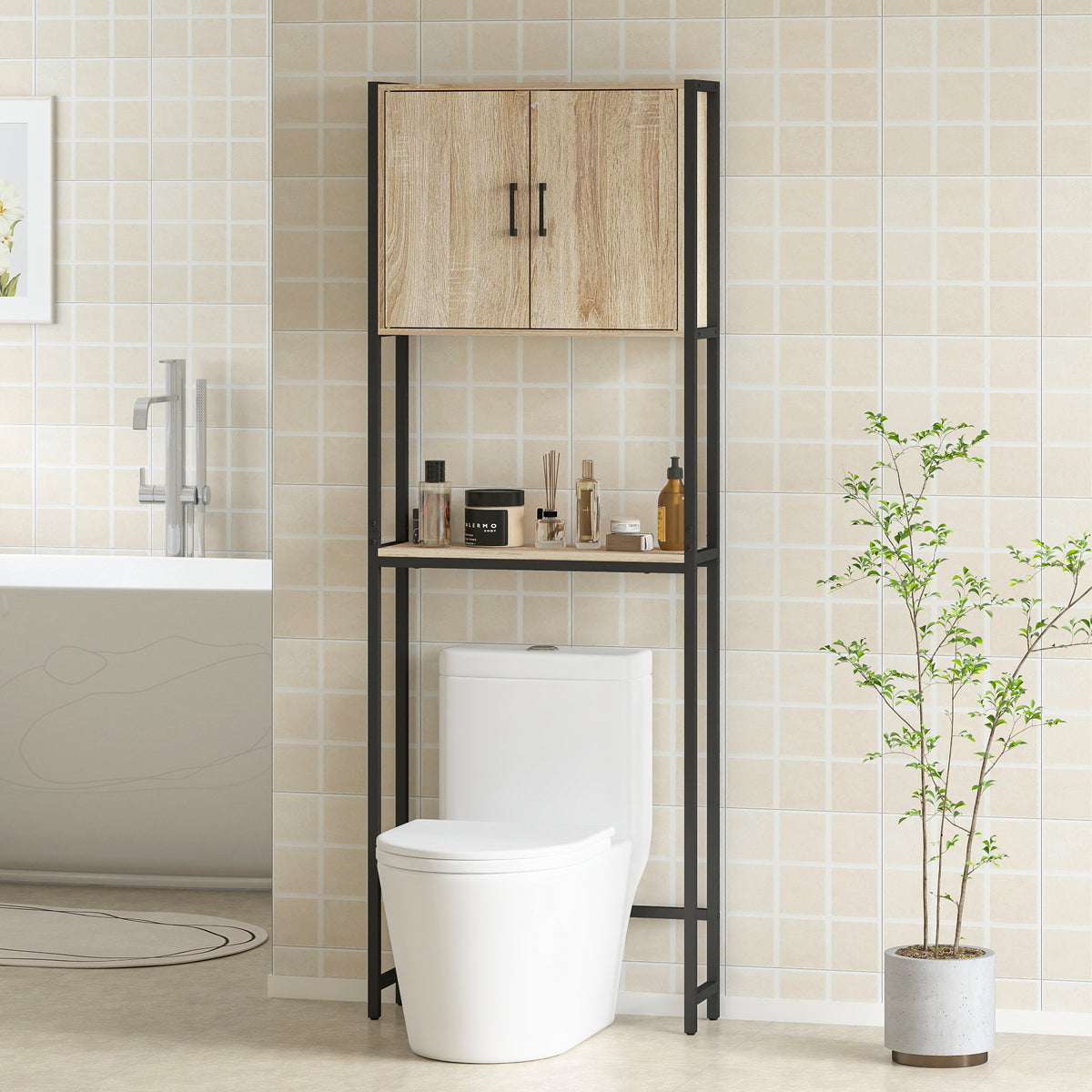 Étagère de toilettes meuble de salle de bain dessus toilette WC avec placard 2 portes et étagère ouverte-9