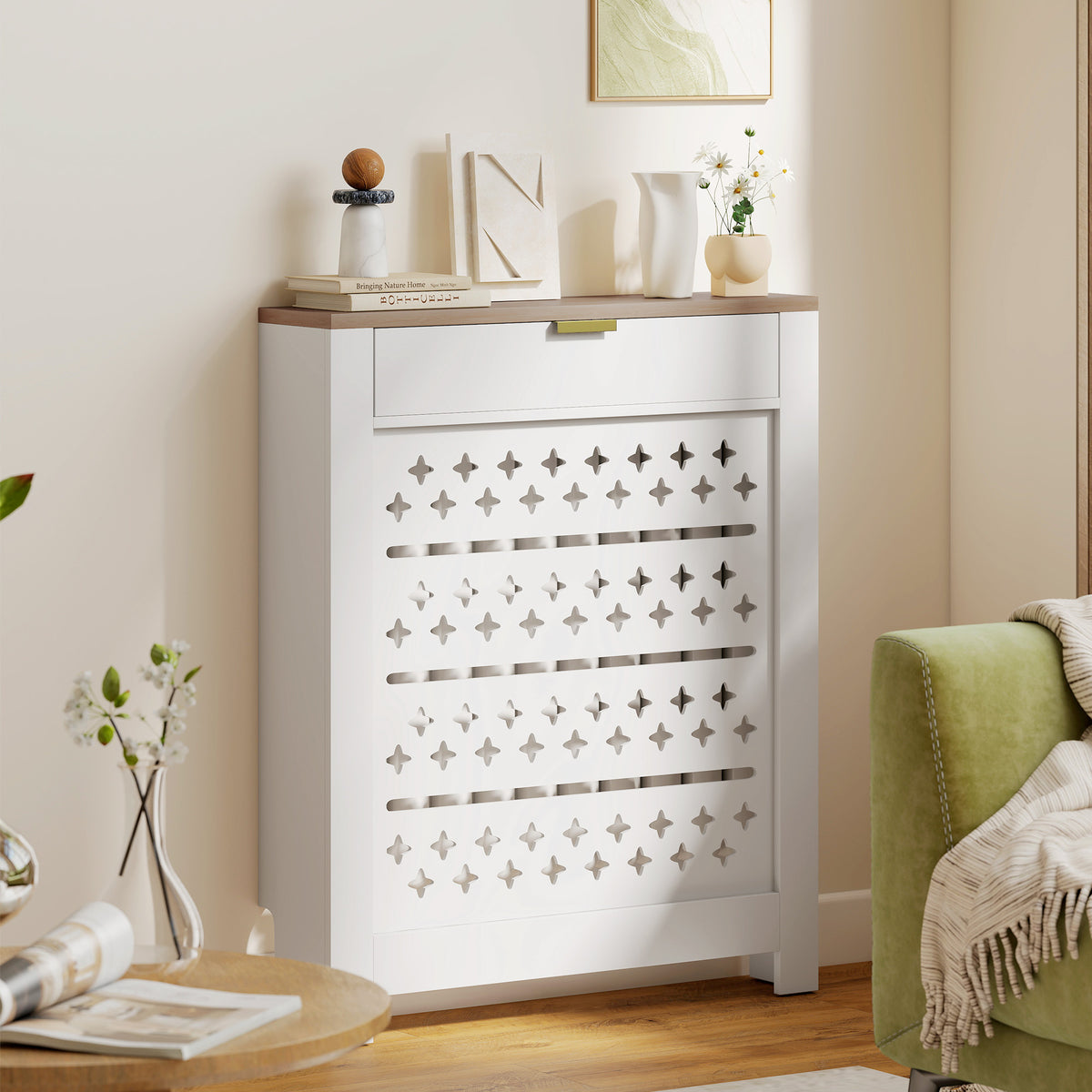 Couvercle de radiateur, cache radiateur avec placard rabattable et étagère supérieur, 78 x 19 x 95,5 cm, blanc-8