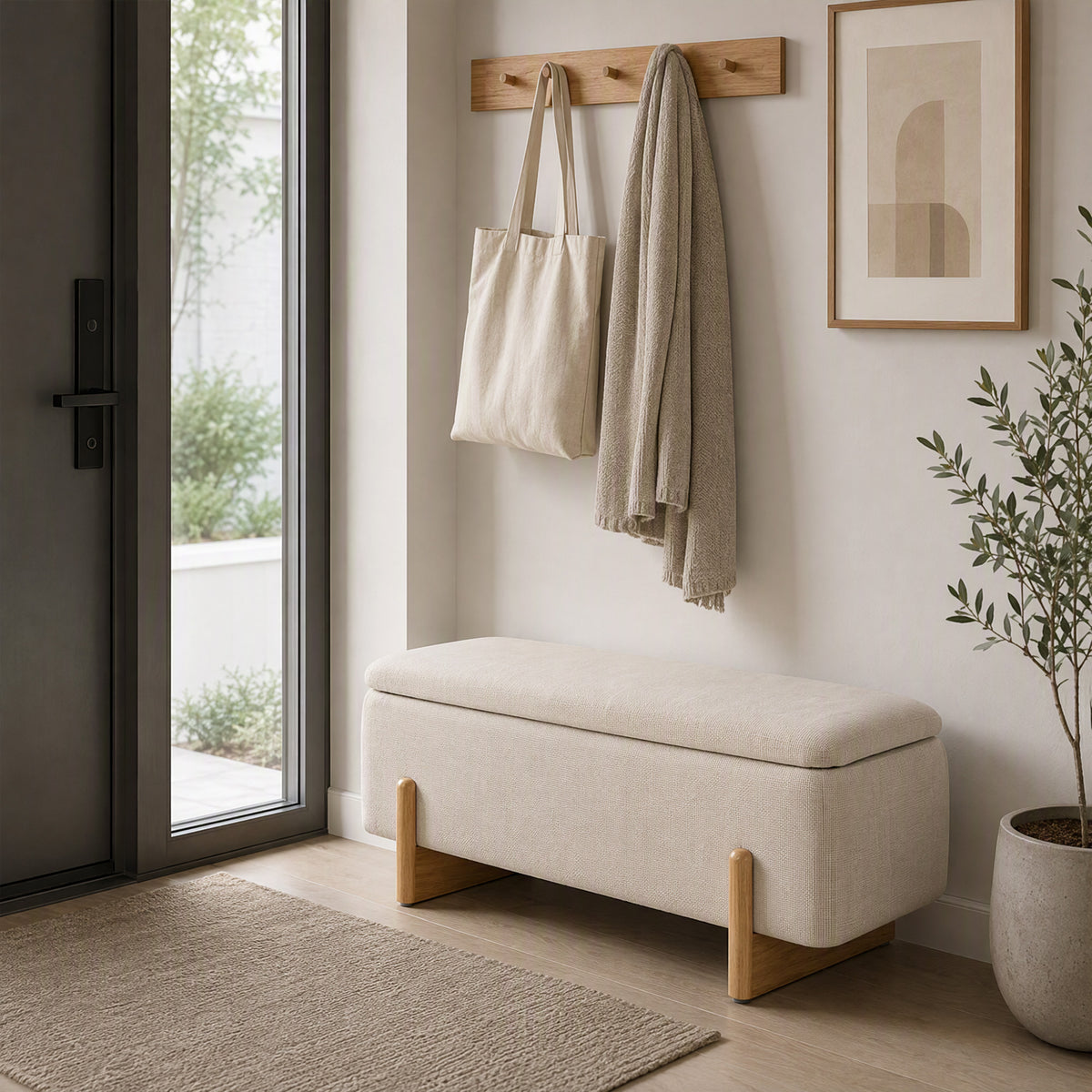 Banc de Rangement, Bout de Lit Rembourré, Charnières de Sécurité, Pieds Forme U en Bois d'Hévéa Stable, Crème-8