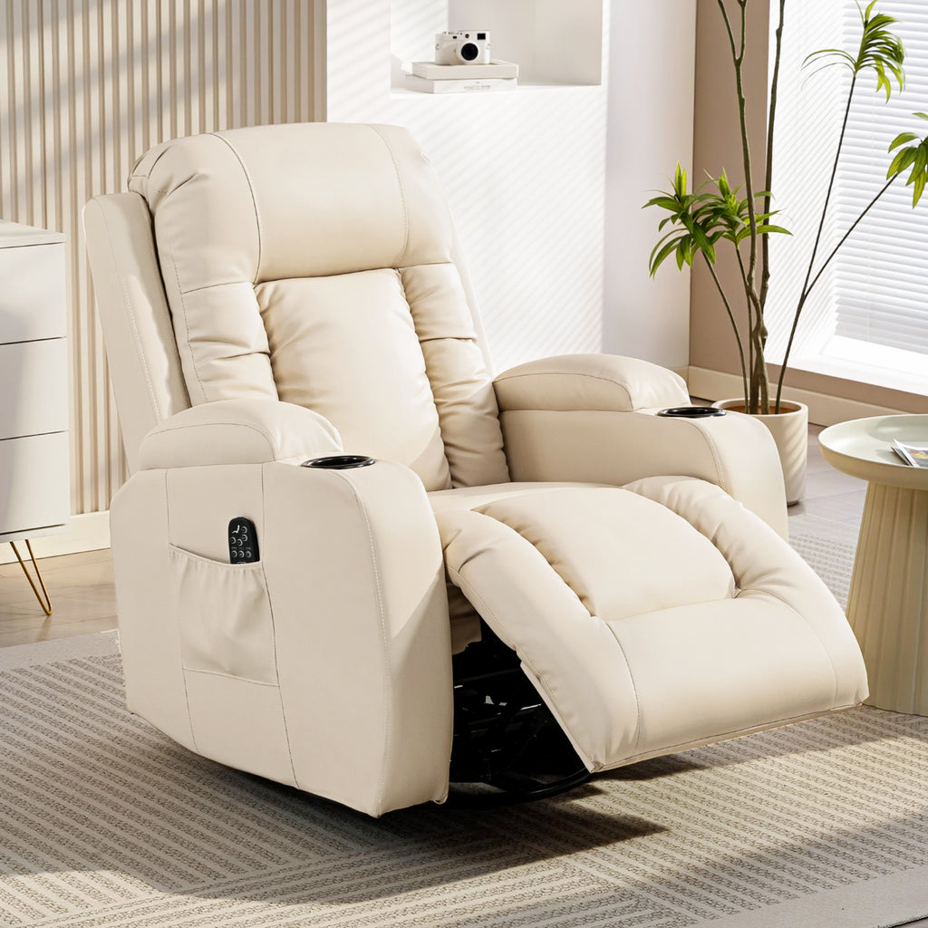 Fauteuil inclinable de massage et chauffage, fauteuil de relaxation, dossier réglable, pivotant 360°, 82x99x103cm, crème-7