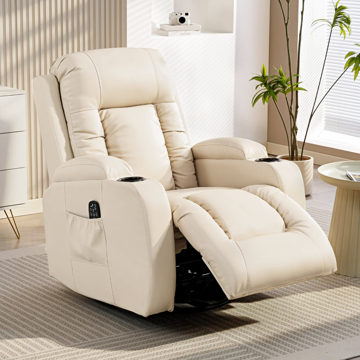 Fauteuil inclinable de massage et chauffage, fauteuil de relaxation, dossier réglable, pivotant 360°, 82x99x103cm, crème-7