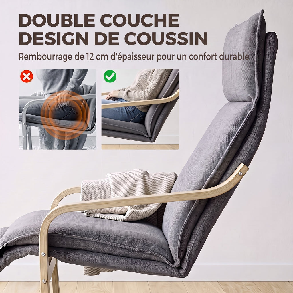 Fauteuil Salon, Fauteuil d'Appoint Rembourré en Lin avec Repose-Pieds, Assise Large, Bascule Douce, Dossier Haut, Gris-4