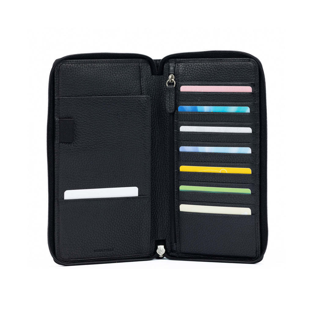 K0005AB | Portadocumenti da Viaggio in Vera Pelle pieno fiore, grana dollaro - Colore Nero - Dimensioni: cm 12,5 x 22 x 2 - Confezione: Sacchetto Tnt-0