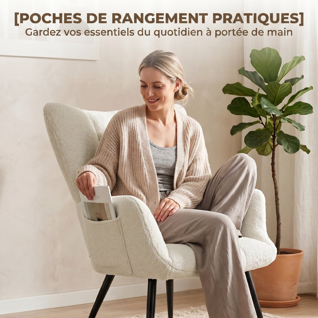 Fauteuil de Salon avec Repose-Pied, Fauteuil d'Appoint Capitonné en Peluche Teddy, Dossier Haut, Poches Latérales, Beige-6