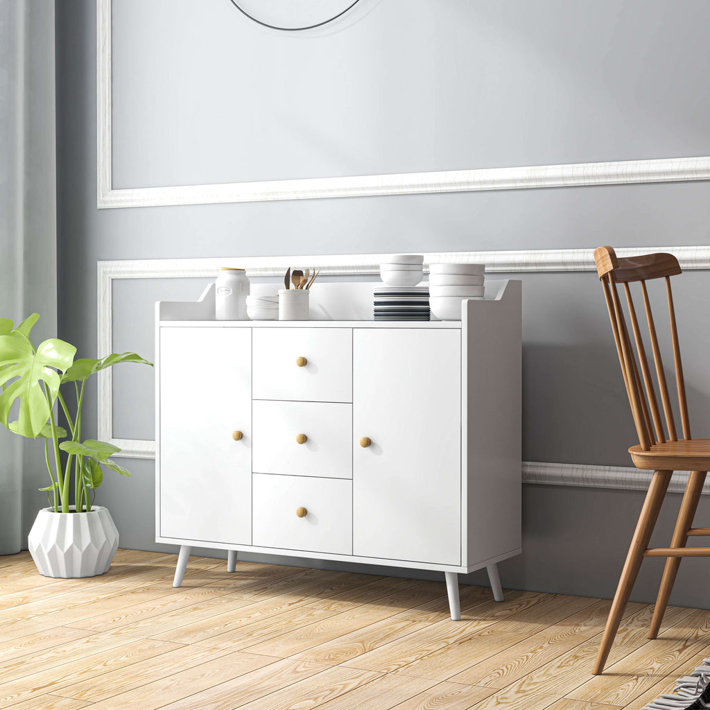 Buffet, meuble de rangement avec 2 portes, 3 tiroirs et pieds en bois massif, style moderne, 90 x 32 x 80 cm, blanc-9