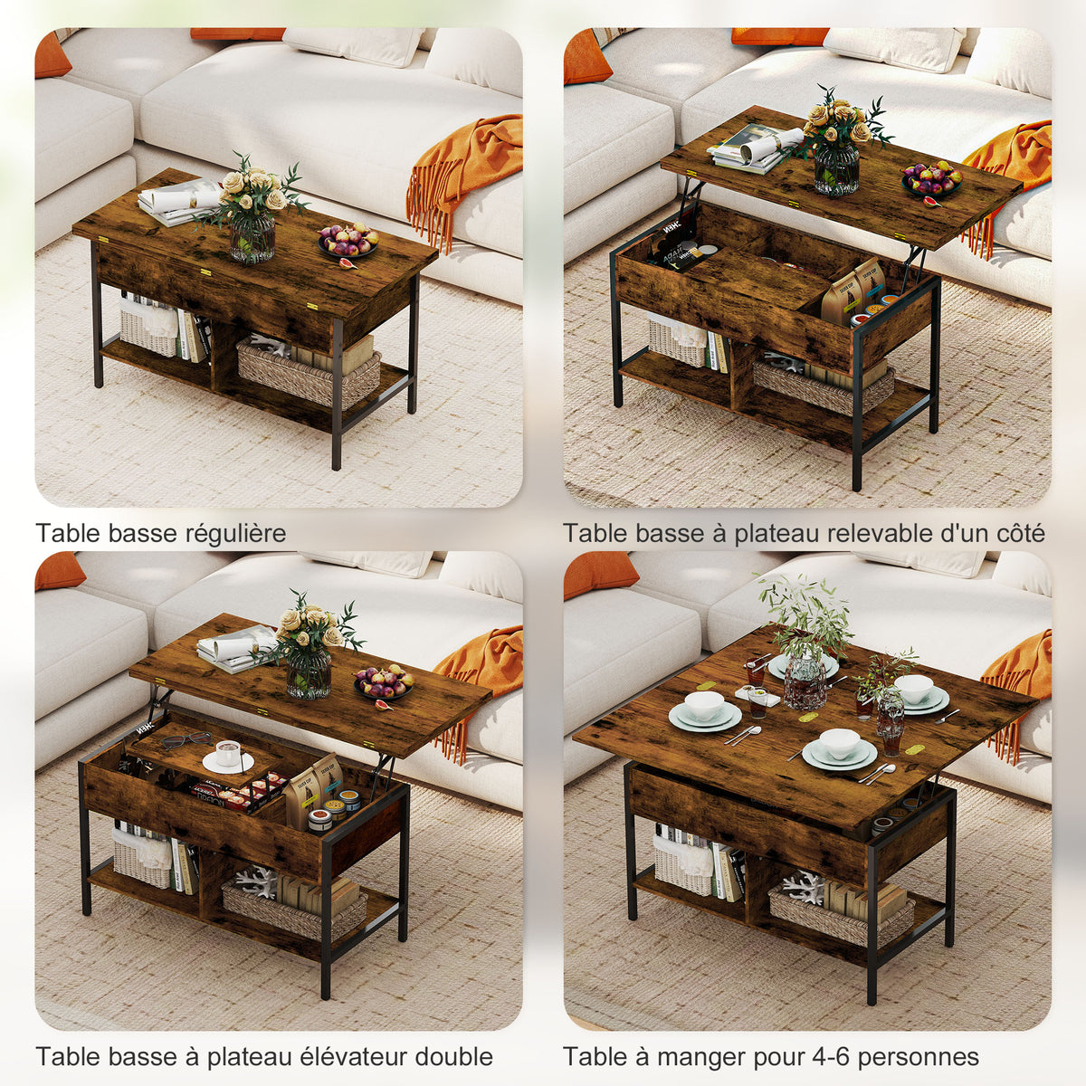 Table basse relevable et extensible, table de salon avec compartiment caché étagères ouvertes, 98x49x55cm, brun rustique-3
