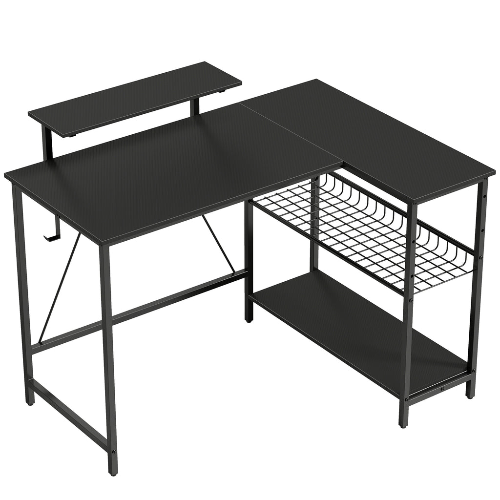 Bureau gaming réversible, bureau gaming d'angle, support pour écran, étagère en maille réglable, 114,5x82x91,5cm, noir-0