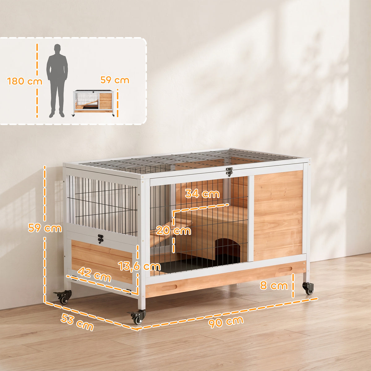 Clapier lapin intérieur clapier pour cochon d'inde en bois avec toit ouvrant et roulettes 90 x 53 x 59 cm jaune et blanc-2