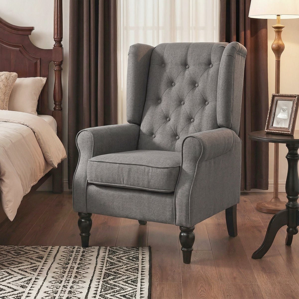 Fauteuil de Salon, Fauteuil d'Appoint Mi-Siècle Moderne en Velours avec Haut Dossier Capitonné à Oreilles, Gris-7