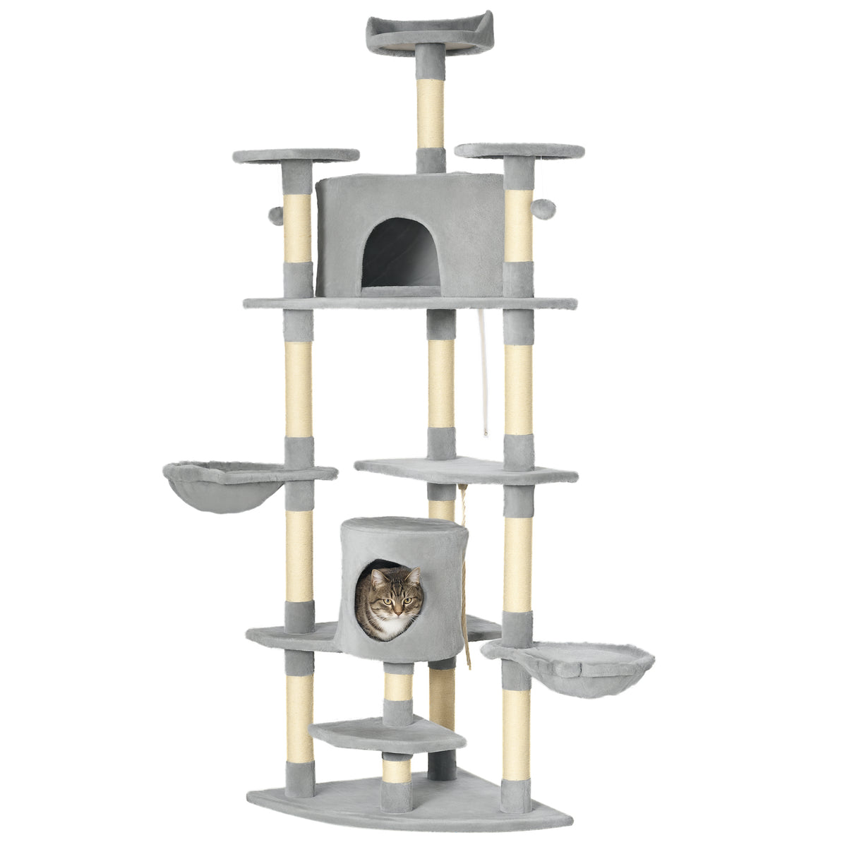 Tiragraffi XXL per gatti 200 cm con casette e amache, grigio chiaro