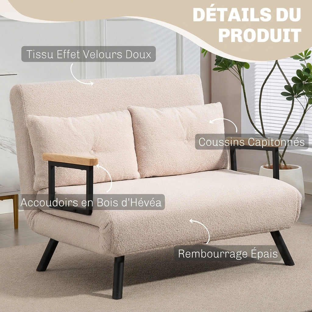 Canapé convertible 2 places 4 en 1, canapé-lit avec dossier réglable sur 5 niveaux, 2 coussins, 102 x 73 x 81 cm, beige-6
