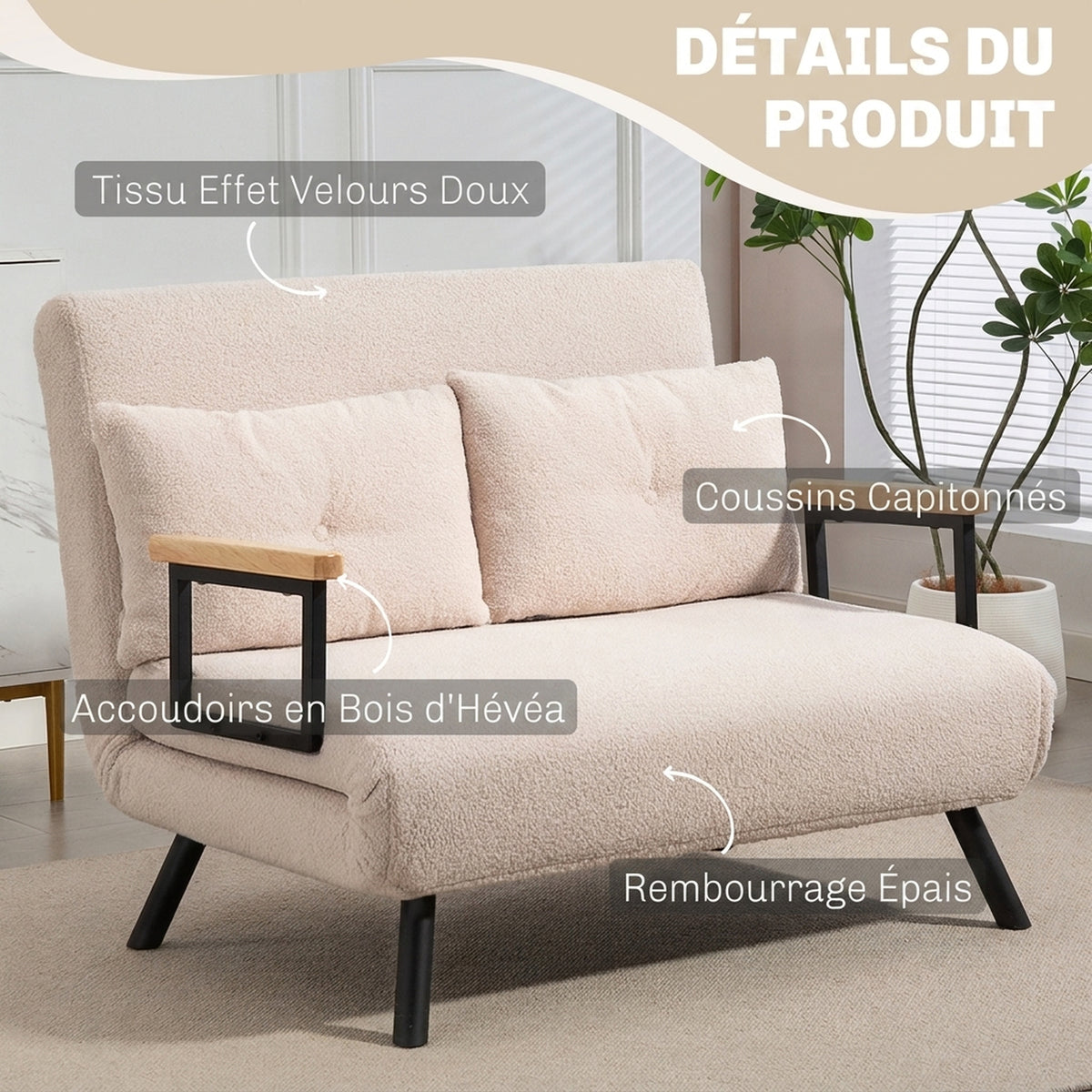 Canapé convertible 2 places 4 en 1, canapé-lit avec dossier réglable sur 5 niveaux, 2 coussins, 102 x 73 x 81 cm, beige-6