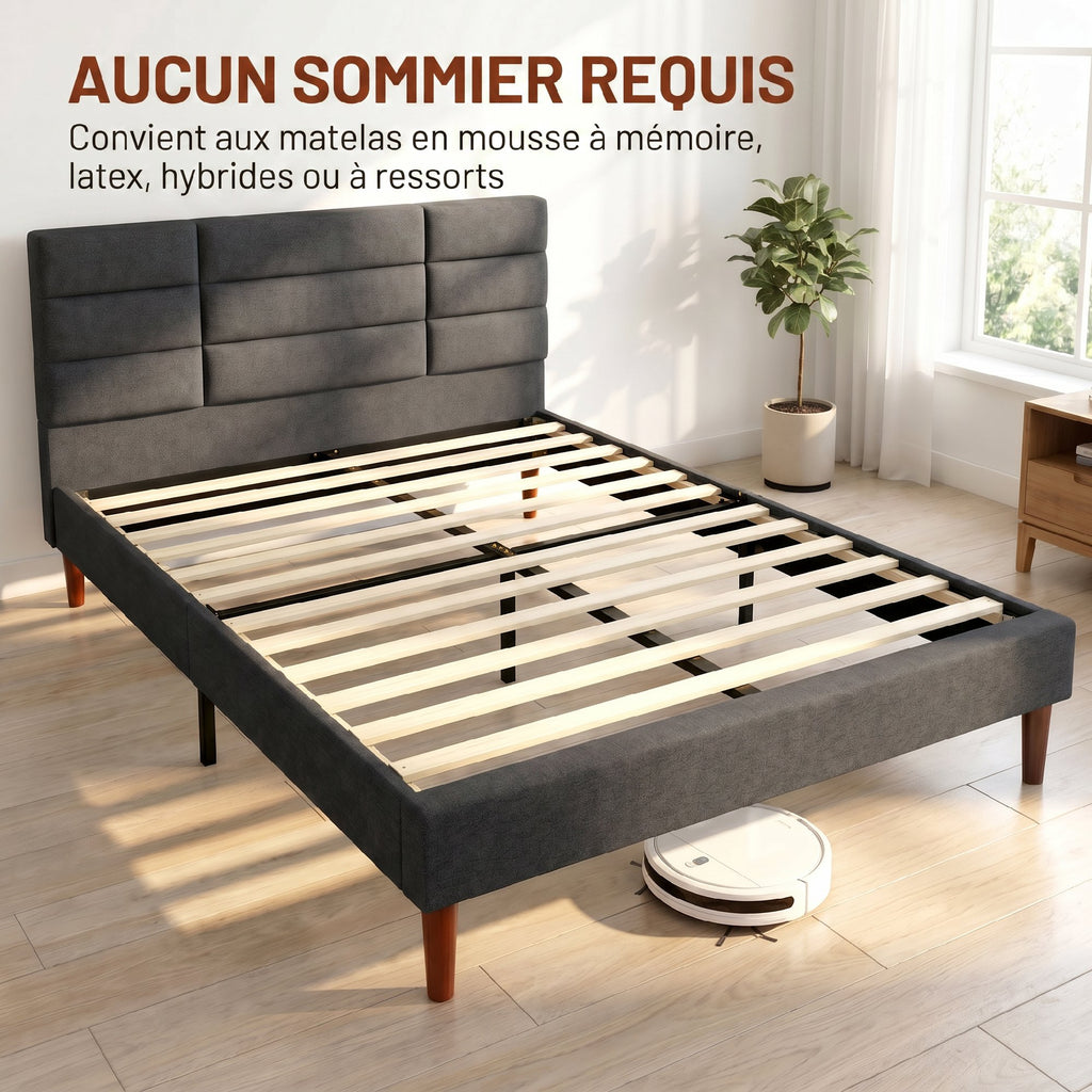 Cadre de Lit 140 x 200 cm avec Sommier Bois, Lit Double Rembourré en Effet Lin, Rangement au-dessous, Sans Bruit, Gris-6