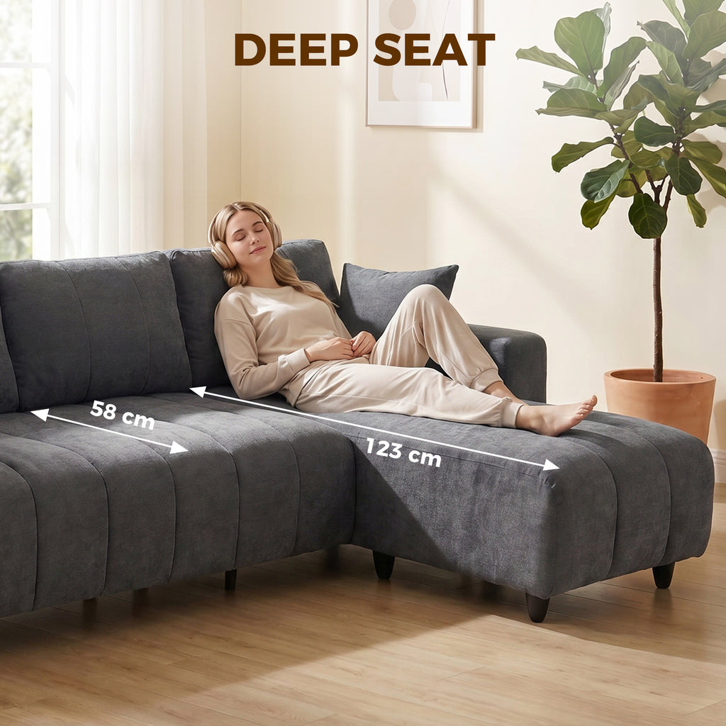 Canapé d'Angle Modulable 242 cm, Canapé 4 Places en L avec Méridienne Réversible, 2 Oreillers, Tissu Aspect Lin, Gris-7